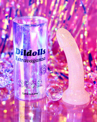 Dildolls Extravaganza dildo next to its clear cylindrical Love to Love branded packaging