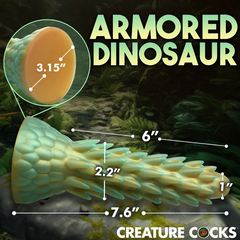 Dimension chart showing 7.6 inch length and 3.15 inch wide rounded tip of reptile dildo