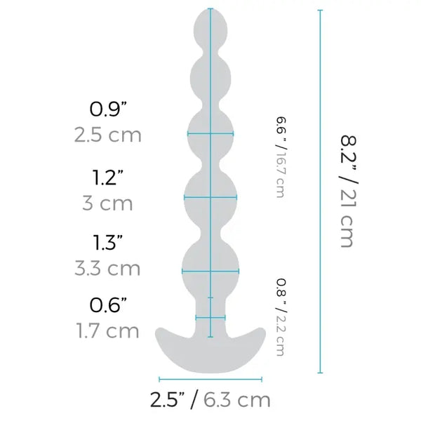 Dimension diagram of b-Vibe Cinco anal beads: 8.2 inches total, beads up to 1.3 inches wide