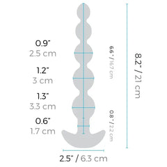 Dimension diagram of b-Vibe Cinco anal beads: 8.2 inches total, beads up to 1.3 inches wide