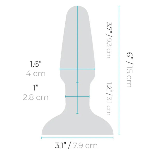 Dimension diagram of b-Vibe Rimming Plug 2: 6 in total length, 1.6 in max width