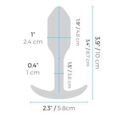 Dimension diagram of b-Vibe Snug Plug 1: 3.9in total length, 1in diameter, 3.4in insertable