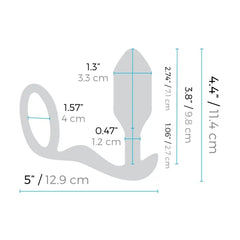 Dimension diagram of b-Vibe Snug & Tug: 4.4 in total length, 1.3 in plug width, 1.57 in ring