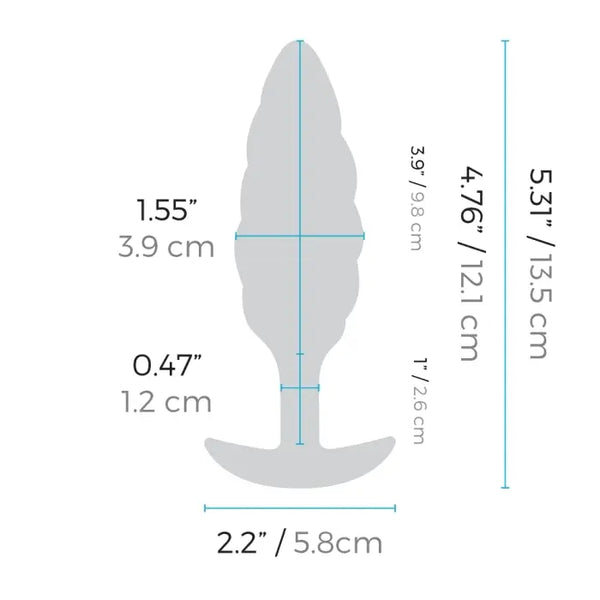 Dimension diagram of b-Vibe Swirl plug: 5.31 in total length, 1.55 in width, 0.47 in neck