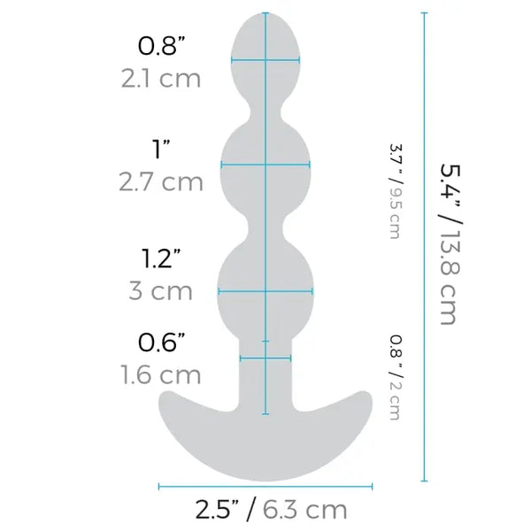 Dimension diagram of b-Vibe Triplet Anal Beads: 5.4 in total, 1.2 in widest bead
