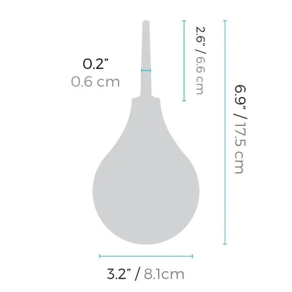 Dimension diagram of enema bulb: 6.9 in tall, 3.2 in wide, 0.2 in nozzle diameter