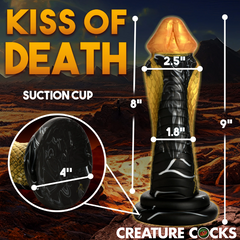 Dimension diagram of Golden Mamba dildo: 9 inch total length, 2.5 inch width, 4 inch suction base