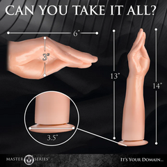 Dimension diagram of hand forearm dildo: 14 inches total length, 6 inch width, 3.5 inch base