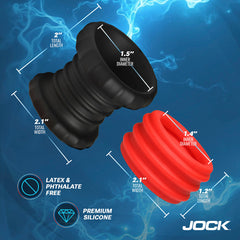 Dimension diagram of Jock silicone c-ring: black 1.5in ID, red 1.4in ID, latex-free
