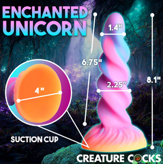 Dimension diagram of Moon Rider unicorn dildo: 8.1 inch total length, 4 inch suction cup