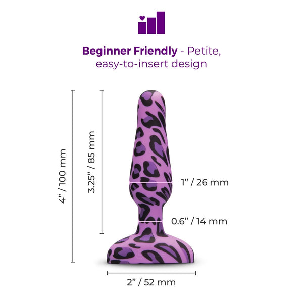 Dimension diagram of Novice Leopard plug: 4 in total length, 1 in width, 2 in base, beginner-friendly