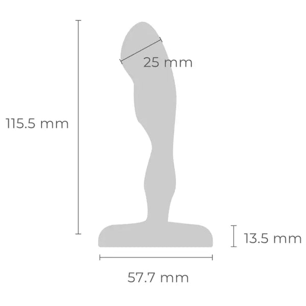 Dimension diagram of prostate plug: 115.5mm tall, 25mm tip width, 57.7mm base width