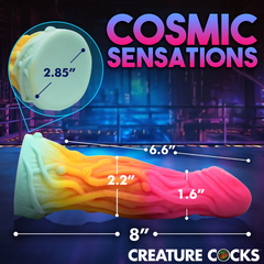 Dimension diagram of Shape Shifter dildo: 8 inch total length, 2.2 inch width, 2.85 inch suction base