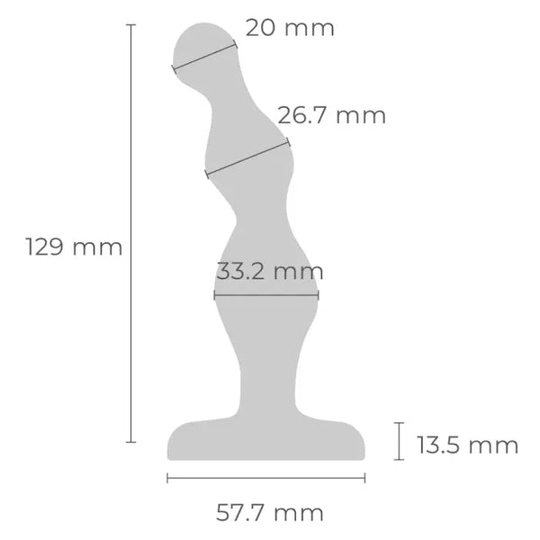 Dimensional diagram of anal beads: 129 mm tall, 57.7 mm base, beads 20–33.2 mm wide