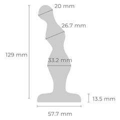 Dimensional diagram of anal beads: 129 mm tall, 57.7 mm base, beads 20–33.2 mm wide