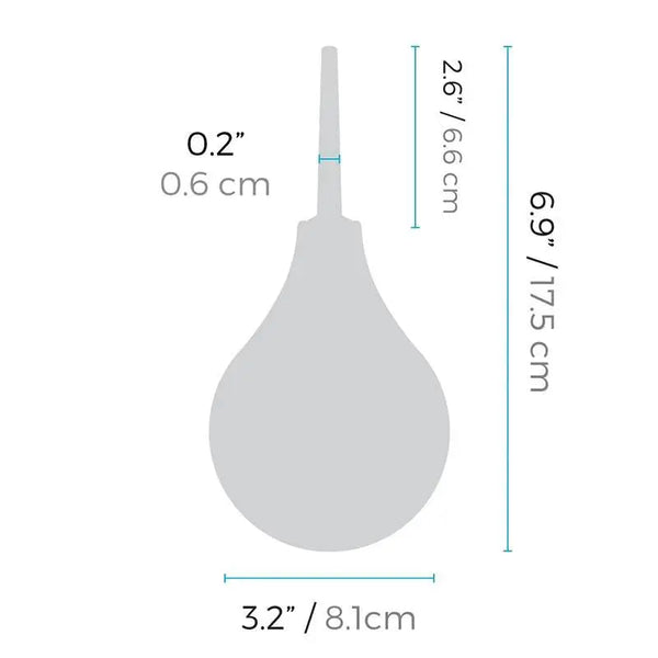 Dimensional diagram of anal cleansing bulb showing 6.9 inch total height and 3.2 inch wide silicone body