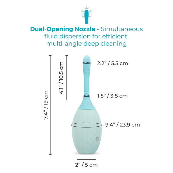Dimensional diagram of the FlexFlow Douche: 7.4 inches total height, dual-opening nozzle labeled