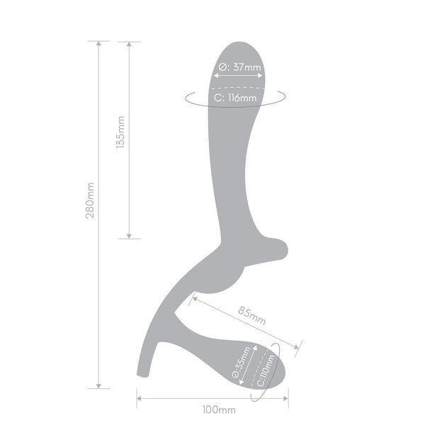 Dimensional diagram of Lock-In dildo showing 280mm total length, 155mm insertable, 37mm diameter shaft