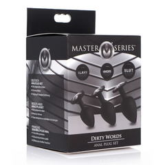 Dirty Words Anal Plug Set packaging showing three graduated sizes by Master Series