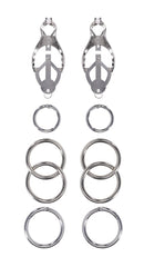 Disassembled components: two clover clamps and six graduated silver O-rings
