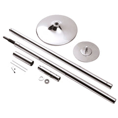 Disassembled dance pole kit showing steel tubes, base plate, ceiling mount and hardware
