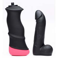 Disassembled Mega-Pounder handle with screw mount beside detached black silicone dildo attachment