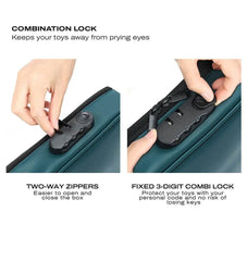 Close-up of Discreet Box two-way zippers and fixed 3-digit combination lock detail