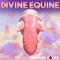 Divine Equine feature callout: harness compatible, suction base, premium silicone