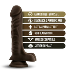The DJ dildo with feature icons: body safe, fragrance free, latex free, harness compatible, suction cup