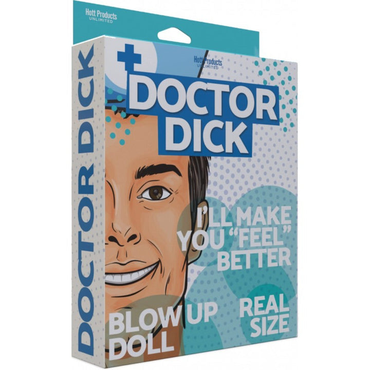 Doctor Dick inflatable doll box by Hott Products, teal and white with comic-style male face artwork