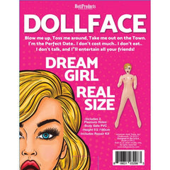 Doll Face blow-up doll back label showing features: body-safe PVC, 5ft 2in, repair kit included