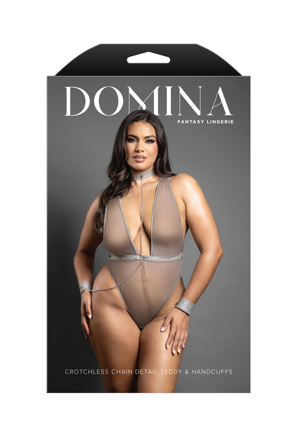 Domina plus-size crotchless chain detail teddy and handcuffs set shown on retail packaging, front
