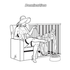 Domination-themed black-and-white coloring page from the Fetishes Are Fun adult coloring book