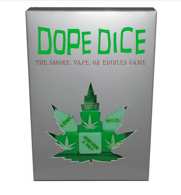 Dope Dice game box featuring green cannabis leaf graphics and novelty dice by Kheper Games