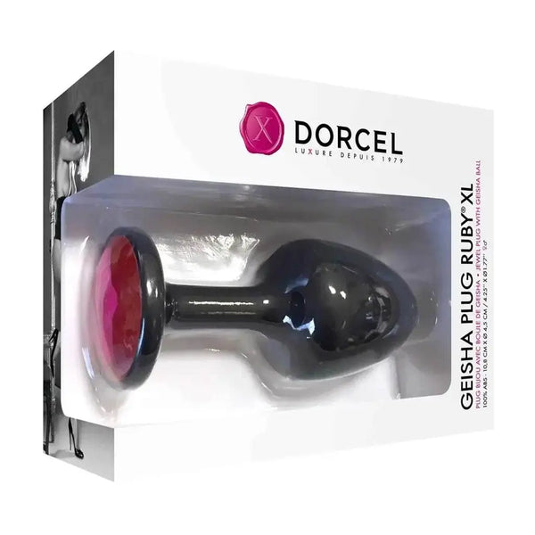Dorcel Geisha Plug Ruby XL in black silicone with pink gemstone base, shown in retail box