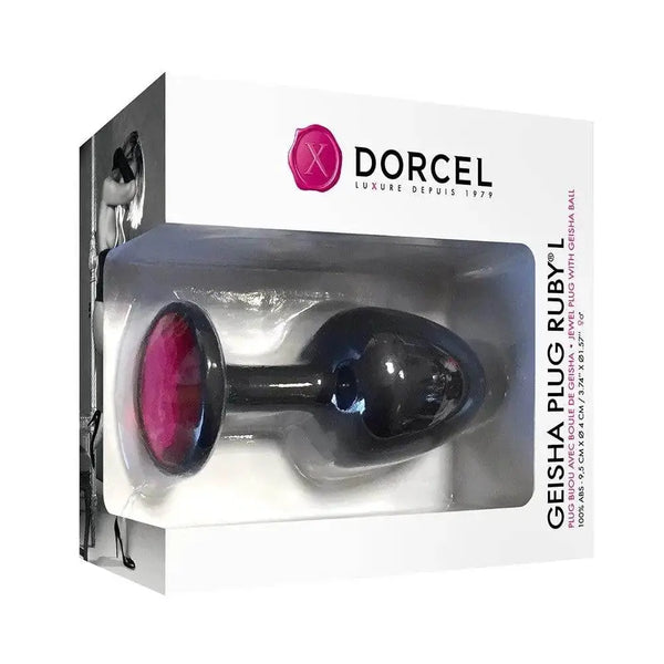 Dorcel Geisha Plug Ruby L in retail box, black ABS body with pink gemstone base
