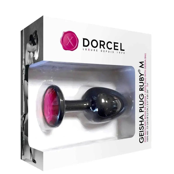Dorcel Geisha Plug Ruby M in black ABS with pink gemstone base, shown in retail box