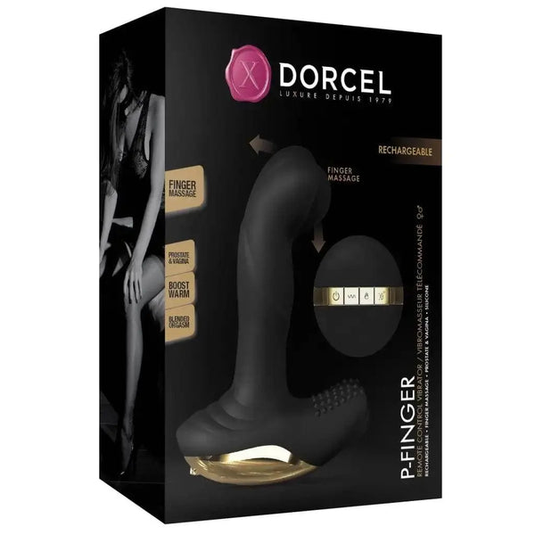 Dorcel P-Finger vibromasseur rechargeable en silicone noir et or dans sa boîte d'emballage