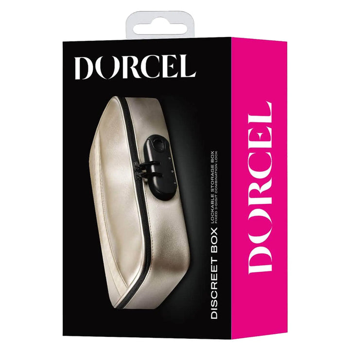 Dorcel Discreet Box in gold PU leather on retail packaging with combination lock detail
