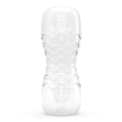 Dorcel Double Oo clear stroker upright view showing wavy ribbed exterior texture