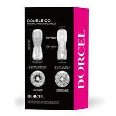 Dorcel Double Oo masturbator packaging showing product dimensions and dual-entrance feature details