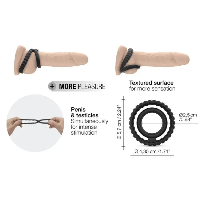 Dorcel Dual Ring black silicone cock ring set with dimensions and usage diagram shown