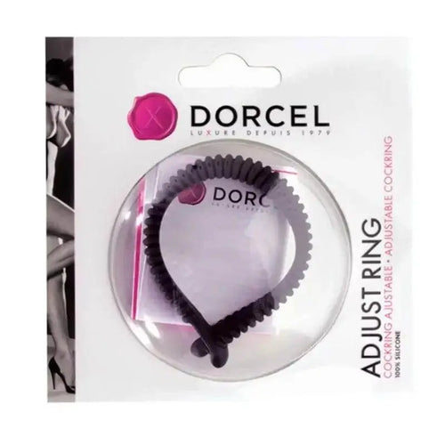 Dorcel Adjust Ring adjustable silicone cock ring in black, shown in retail blister packaging