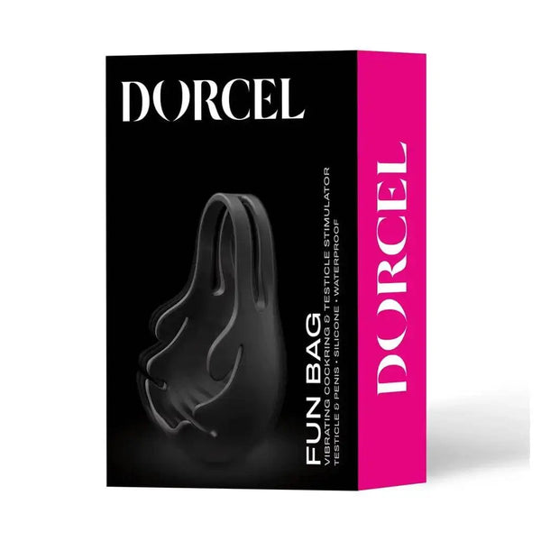 Dorcel Fun Bag vibrating cockring and testicle stimulator in black silicone, product box view