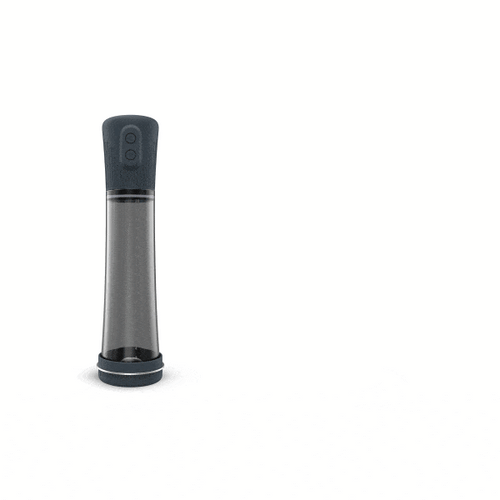 Dorcel Hydro Penis Pump in dark grey, upright front view showing clear cylinder and motor head