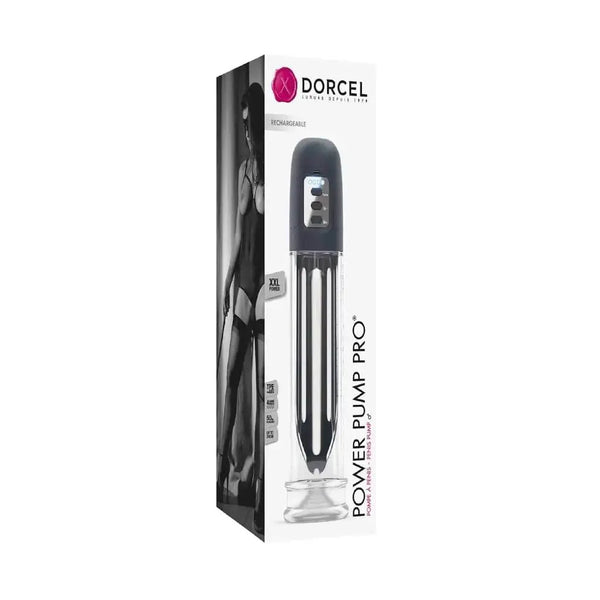 Dorcel Power Pump Pro rechargeable penis pump shown in retail box, front view