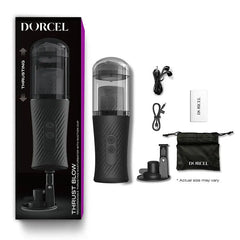 Dorcel Thrust Blow full package contents: masturbator, suction mount, USB cable, earphones, and storage bag