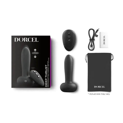 Dorcel Deep Thrust vibrator set with remote, USB cable, storage pouch, and box on white background