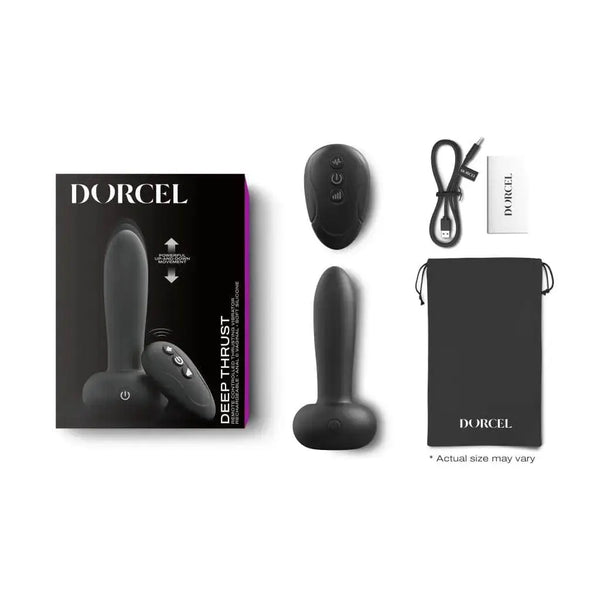 Dorcel Deep Thrust vibrator set with remote, USB cable, storage pouch, and box on white background