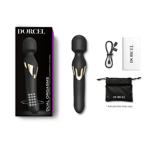 Dorcel Dual Orgasms wand vibrator with box, USB cable, storage pouch, and manual